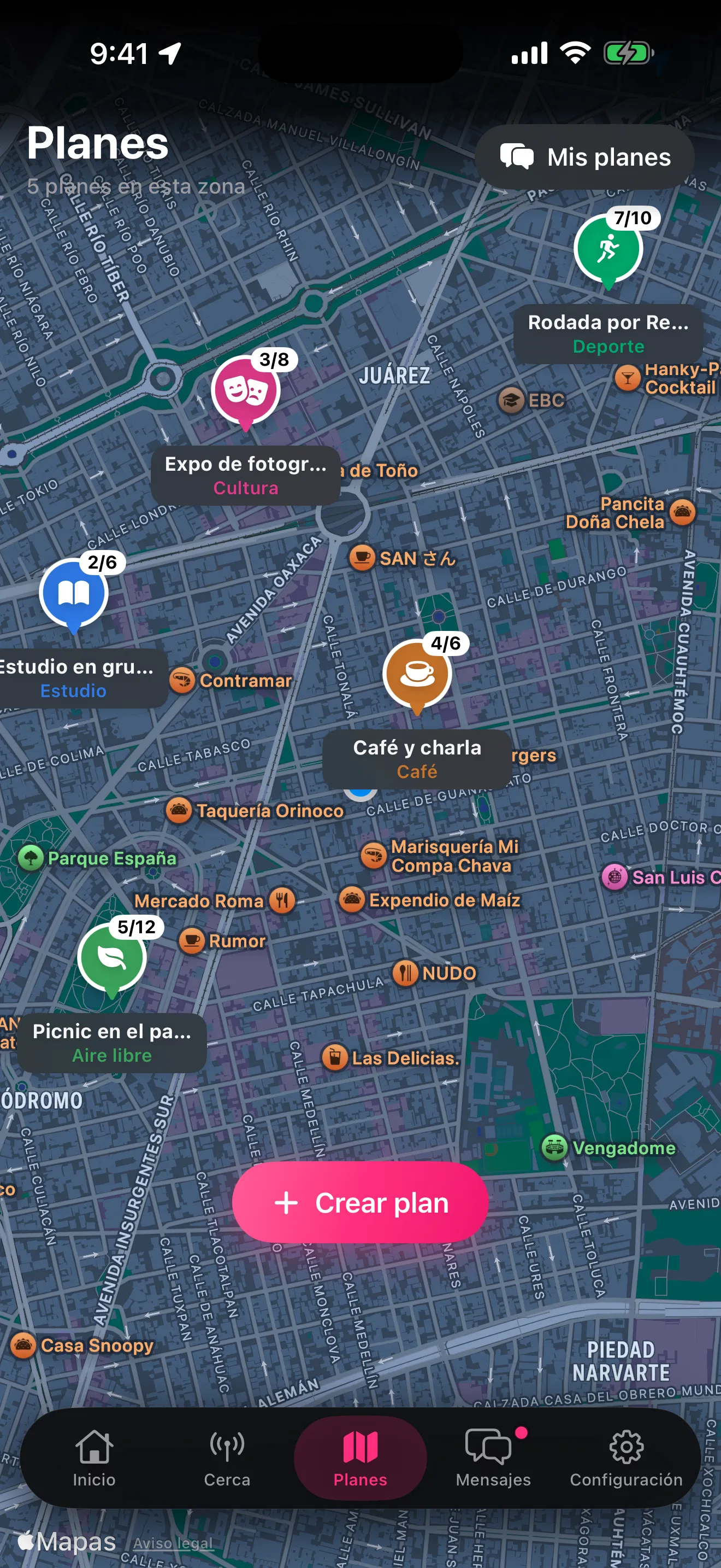 Pantalla Planes de Gisi: un mapa con planes cercanos, cada uno con su nombre y categoría, como un café, una rodada en bici y una expo.